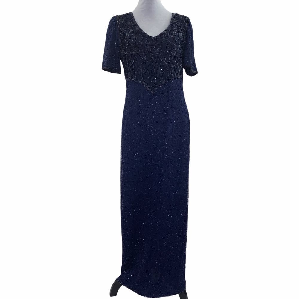 LAURENCE Kazar Blue Beaded Silk Maxi Dress Medium